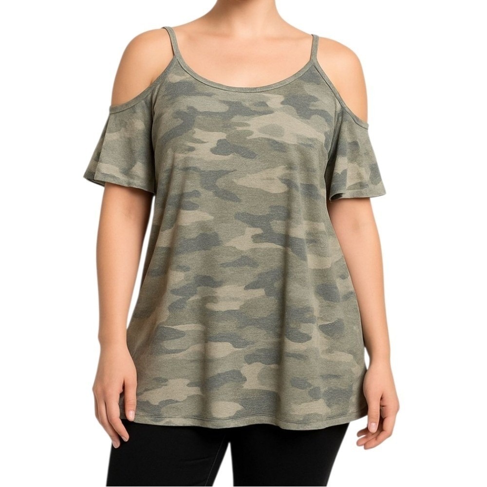 CREPAS Camo Cold Shoulder Tunic Top Women XL Army Green Gray Longline Casual Y2K